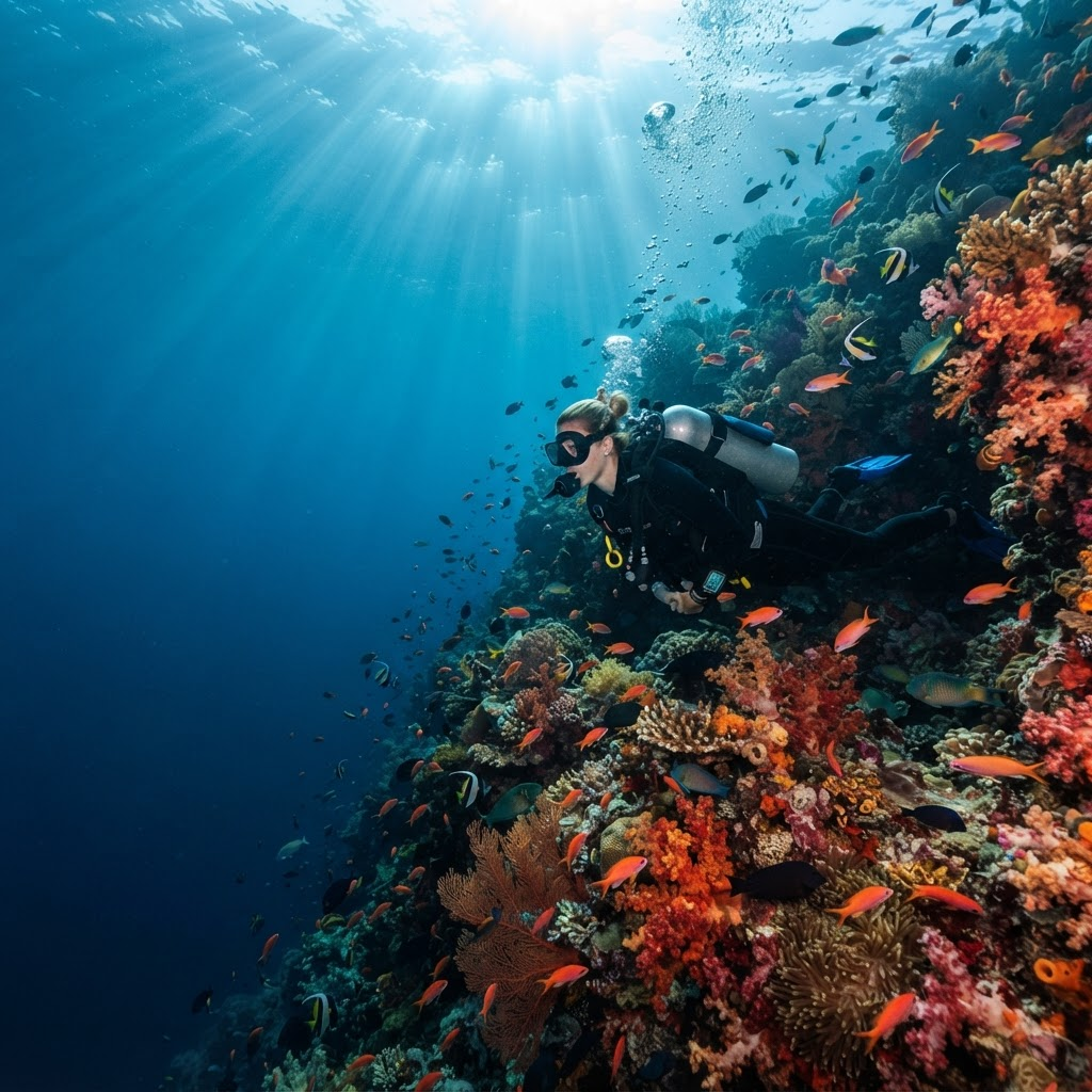 A diver exploring a reef wall alive with tropical fish